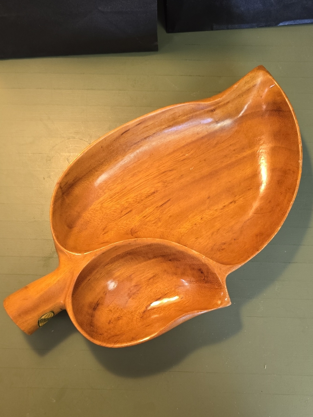 Large Hawaiian Mid Century Koa Wood Taro Leaf Shaped Bowl - 14"